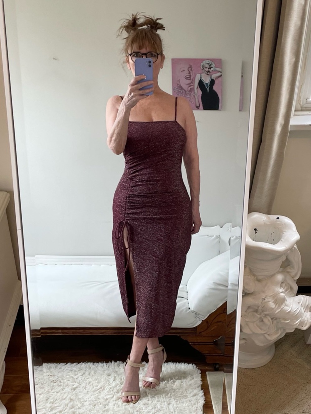 NWT VINE VALLEY BURGUNDY DRESS SPAGHETTI STRAP SIDE RUCHING SLIT SILVER SHIMMER